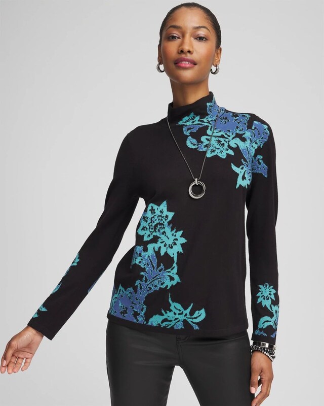 Blue Floral Mockneck Sweater - image 1